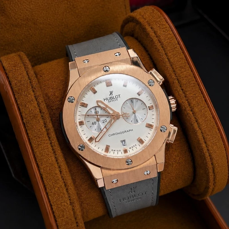 ساعت مچی مردانه هابلوت کرنوگراف hublot هوبلو با قفل کلیپسی بند طوسی