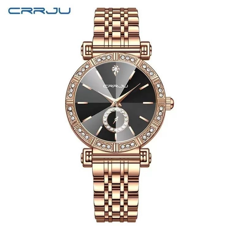 ساعت مچی زنانه سرجیو crrju اورجینال مدل 5011 نگین دار بند رزگلد صفحه مشکی