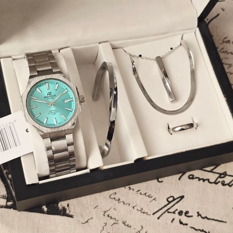 ست ساعت مردونه کاسیو casio با دستبند و گردنبند و حلقه کادو مردونه