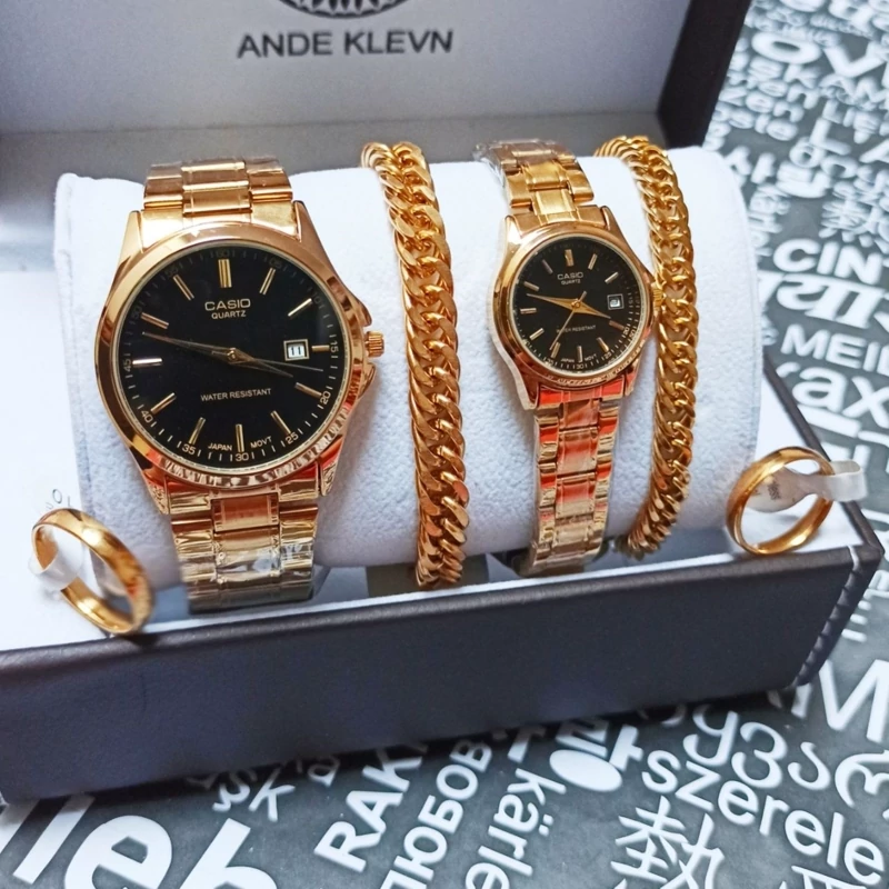 ست ساعت مردانه زنانه کاسیو casio بند طلایی استیل رنگ ثابت