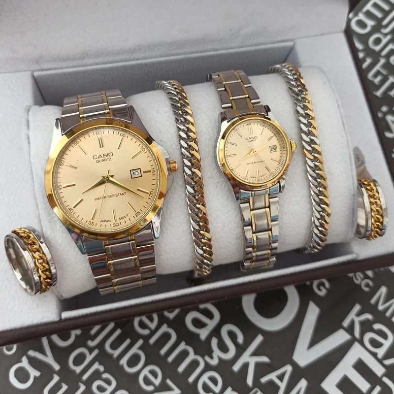 ست ساعت مردانه و زنانه کاسیو casio بند طلایی نقره ای استیل