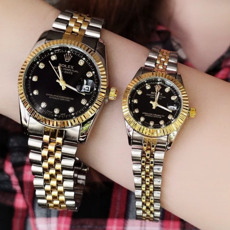 ساعت مردانه و زنانه رولکس rolex کیفیت عالی رنگ طلایی نقره ای با صفحه مشکی