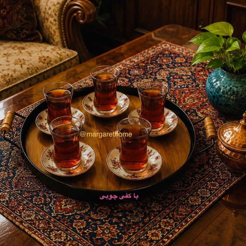 سینی فلزی دسته چوبی (سفید و مشکی )با کفی چوبی جدا