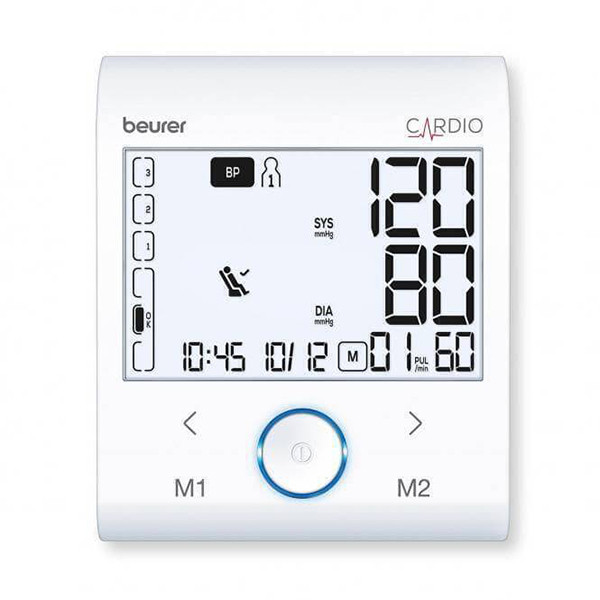 فشارسنج بازویی دیجیتال بیورر مدل BM96 با صفحه نمایش XL و نور پس‌زمینه سفید، تشخیص آریتمی پیشرفته، شاخص ریسک، حافظه دو کاربره هرکدام 60 رکورد، اتصال بلوتوث و USB، نمایش میانگین نتایج و هشدار باتری ضعیف