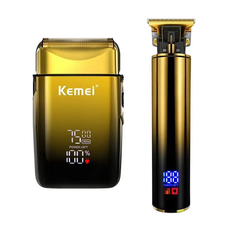 مجموعه 2 عددی ماشین اصلاح موی سر و صورت کیمی مدل KM-2131 با تیغه استیل ضدزنگ، شارژ سریع، تنظیم سرعت، منبع انرژی کابل USB، شامل شیور صفرزن، تریمر حجم‌زن و خط‌زن با مدت استفاده 120 دقیقه پس از شارژ