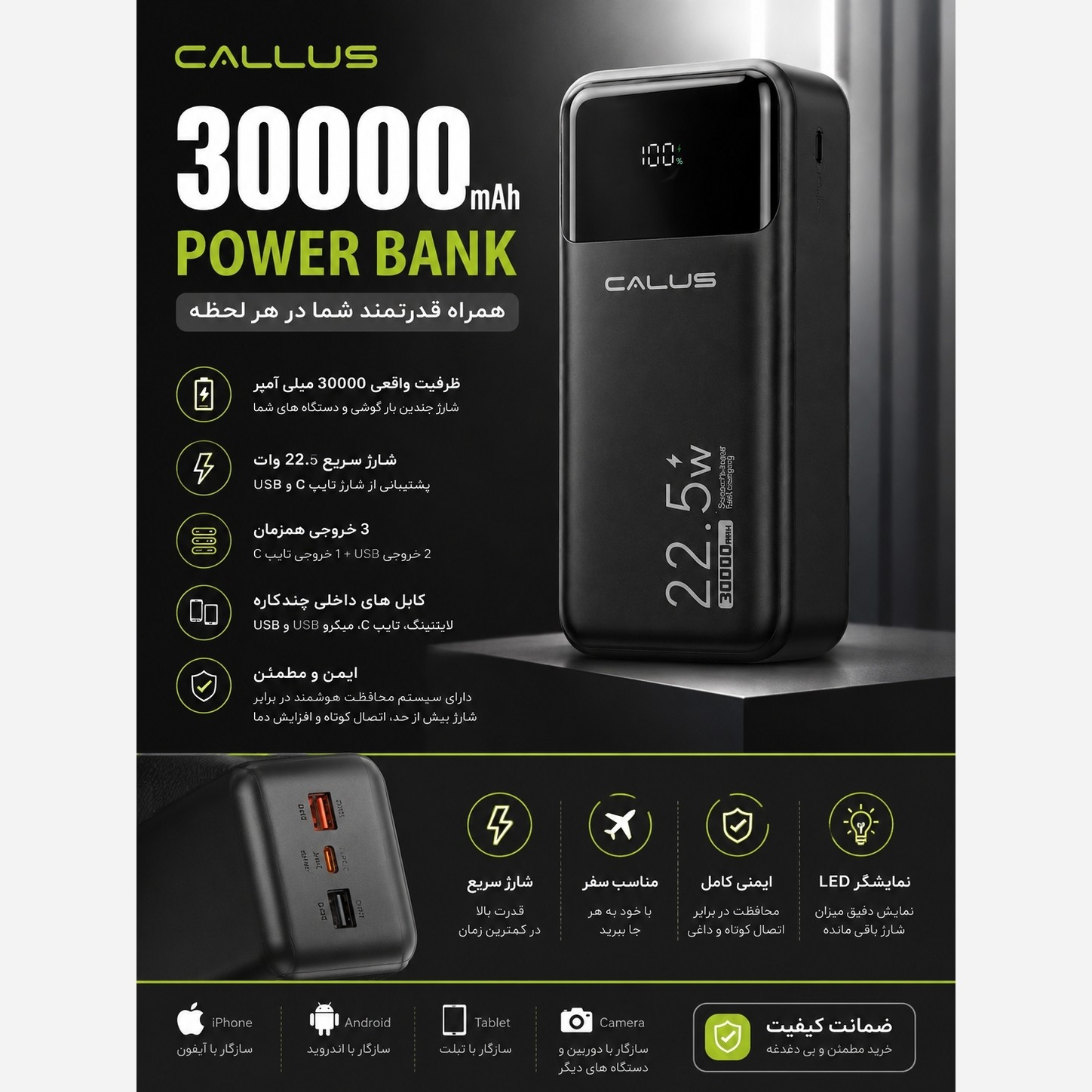 پاوربانک calus 30000 سوپر فست قدرتمند ضمانتی نمایشگر دار (فروش تک به قیمت عمده)
