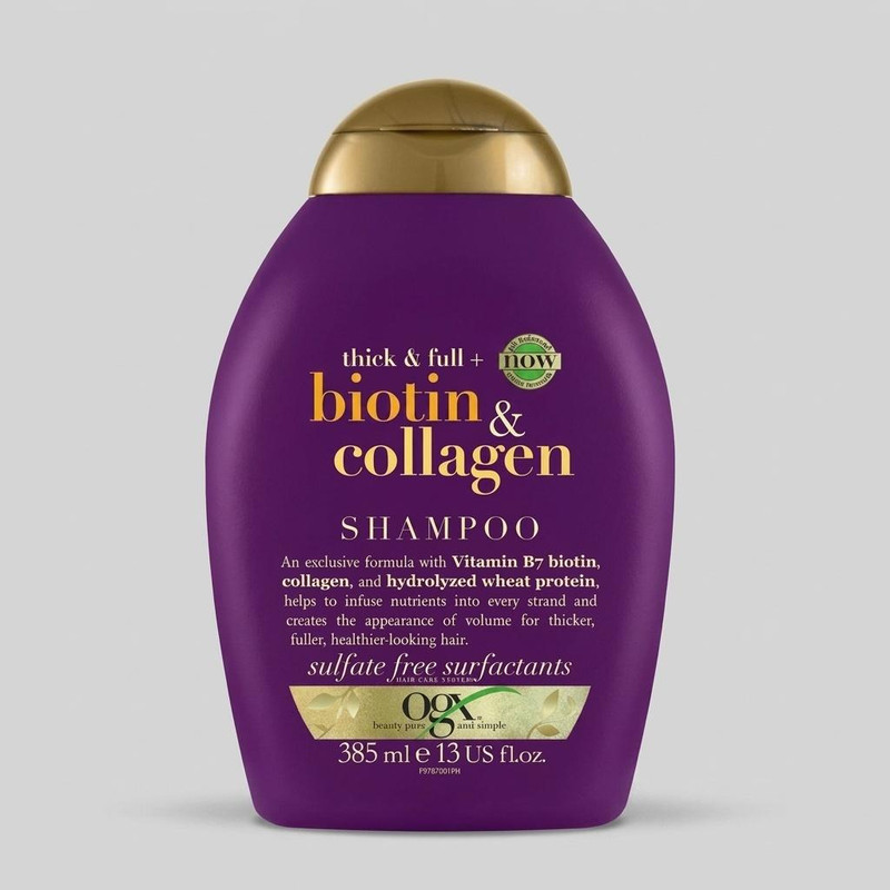 شامپو مو او جی ایکس مدل biotin & collagen حجم 385 میلی‌لیتر، تقویت‌کننده، ضد ریزش، ترمیم‌کننده، آبرسان، براق‌کننده، بدون سولفات، مناسب انواع مو