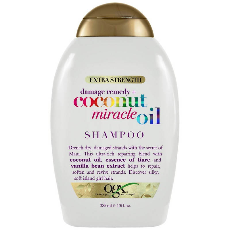 شامپو مو او جی ایکس مدل Coconut Miracle Oil حجم 385 میلی‌لیتر، نرم‌کننده، تقویت‌کننده، ترمیم‌کننده، درخشان‌کننده، آبرسان، فاقد پارابن و سولفات، مناسب موهای ضخیم، فر و آسیب‌دیده